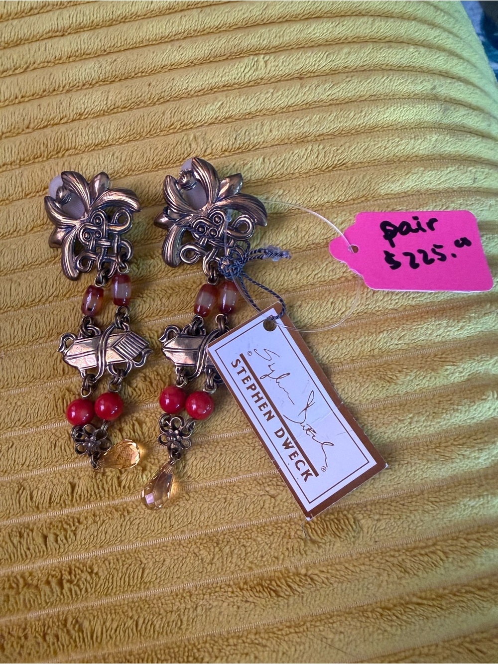 Stephen Dweck Sculptural Gold-Tone Earrings with Red and Amber Beads